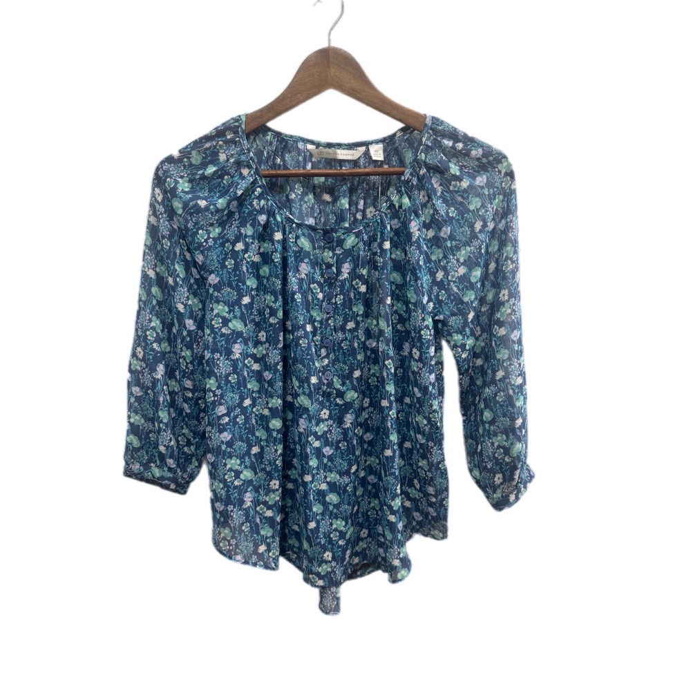 LC Lauren Conrad Peasant Top Womens XS Blue Floral NWT Sheer 3/4 Sleeve Blouse